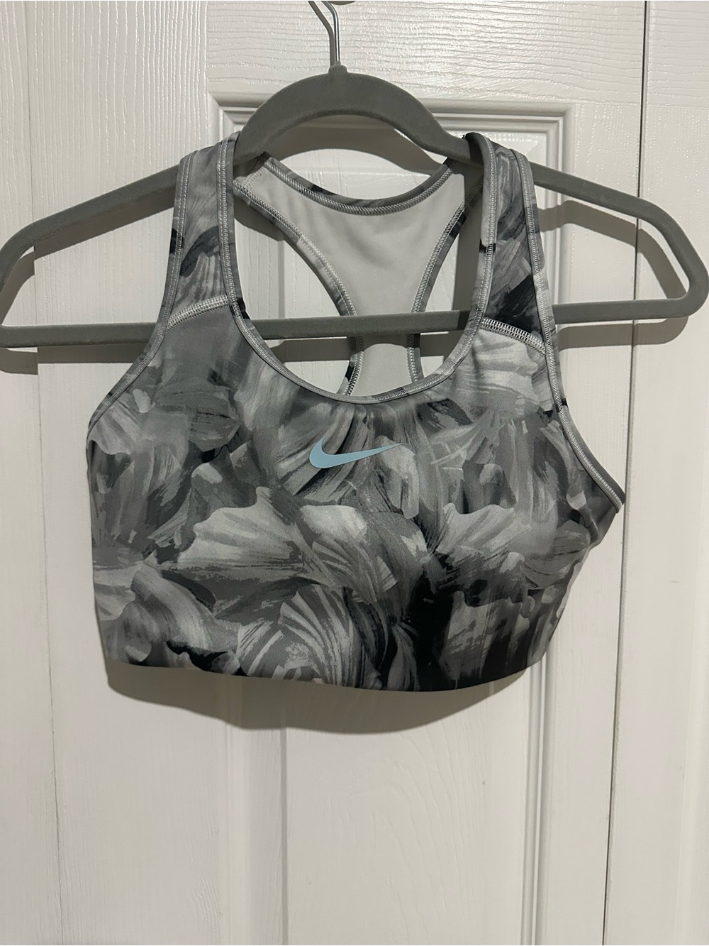 Nike Black & Gray Floral-Print Racerback Sports Bra with Light Blue Swoosh